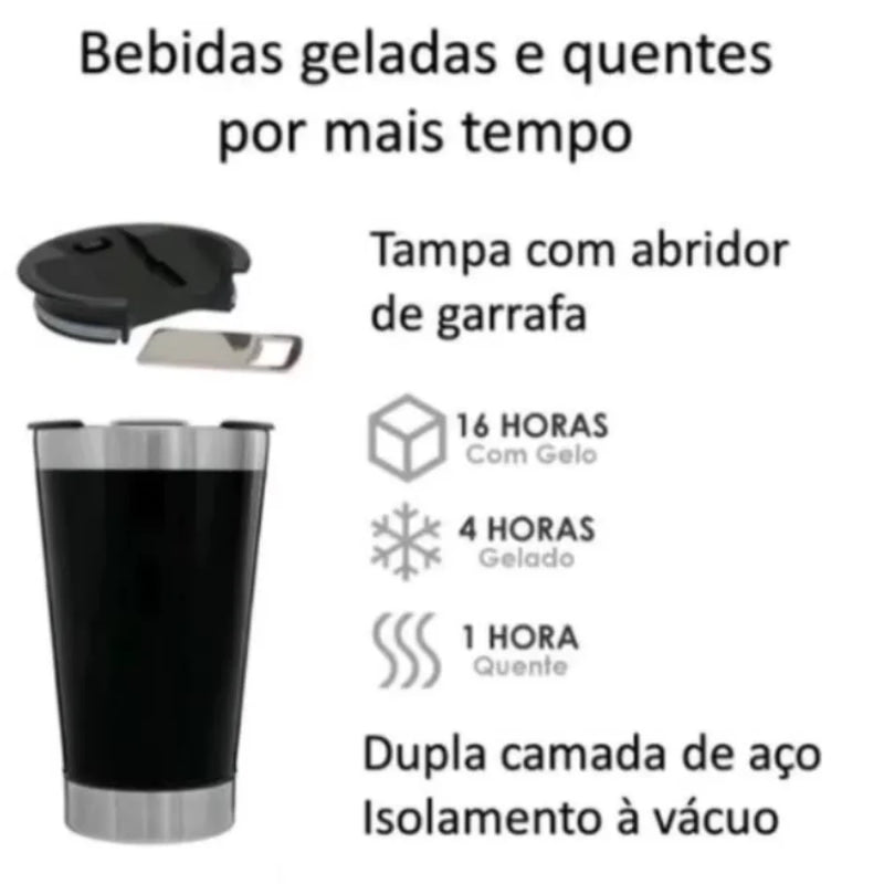 Copo térmico de 473ml para bebidas geladas ou quentes com tampa e abridor