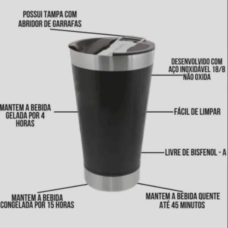 Copo térmico de 473ml para bebidas geladas ou quentes com tampa e abridor
